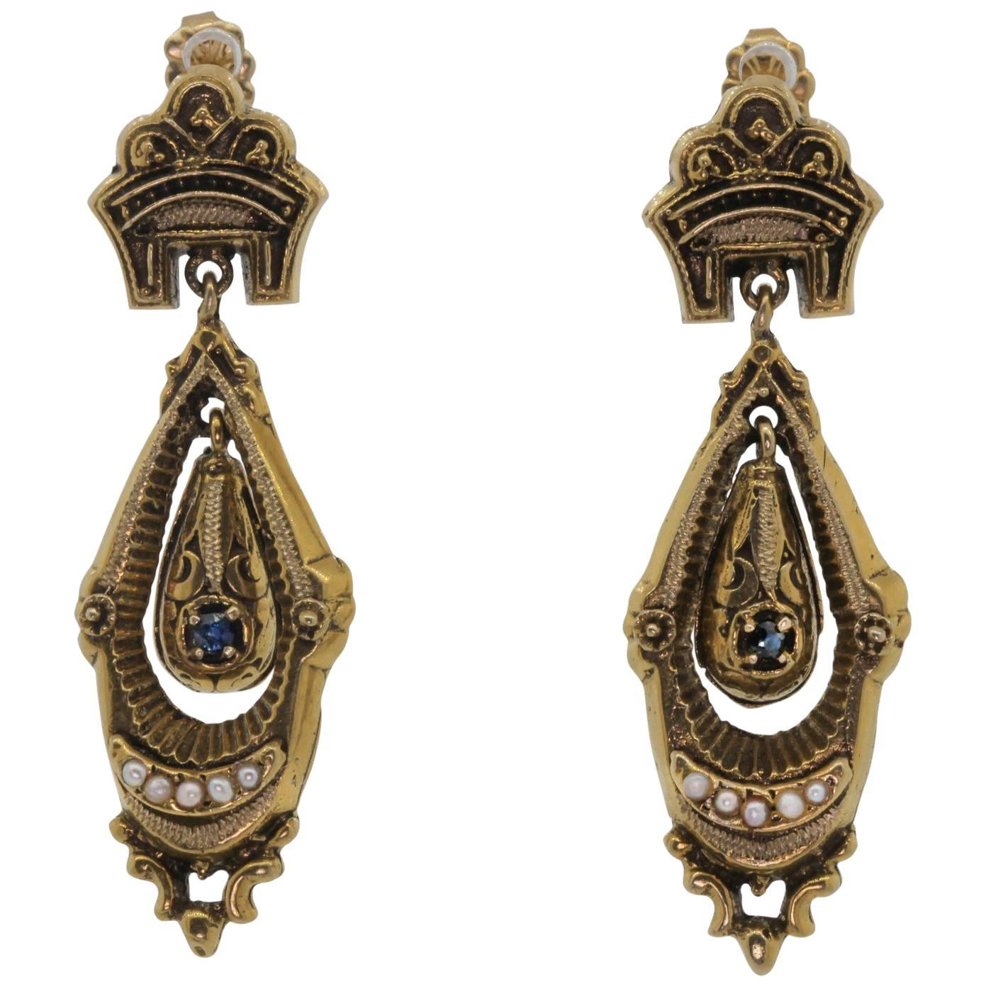 Vintage Seed Pearl Sapphire Dangle Earrings