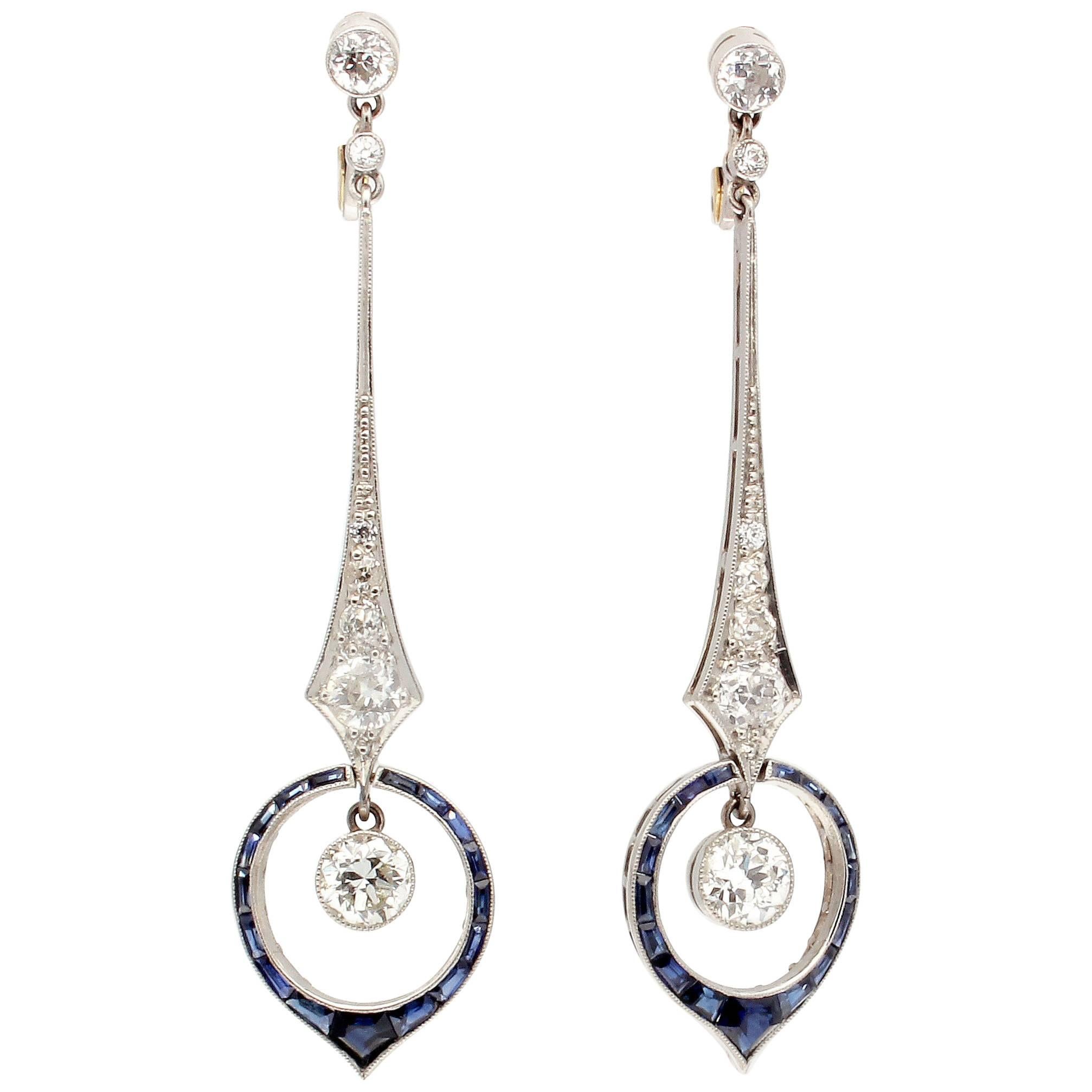 Diamond Sapphire Platinum Drop Earrings
