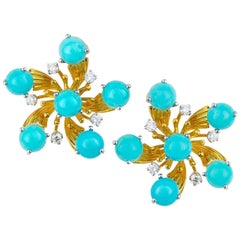 Schlumberger Turquoise and Diamond Earclips