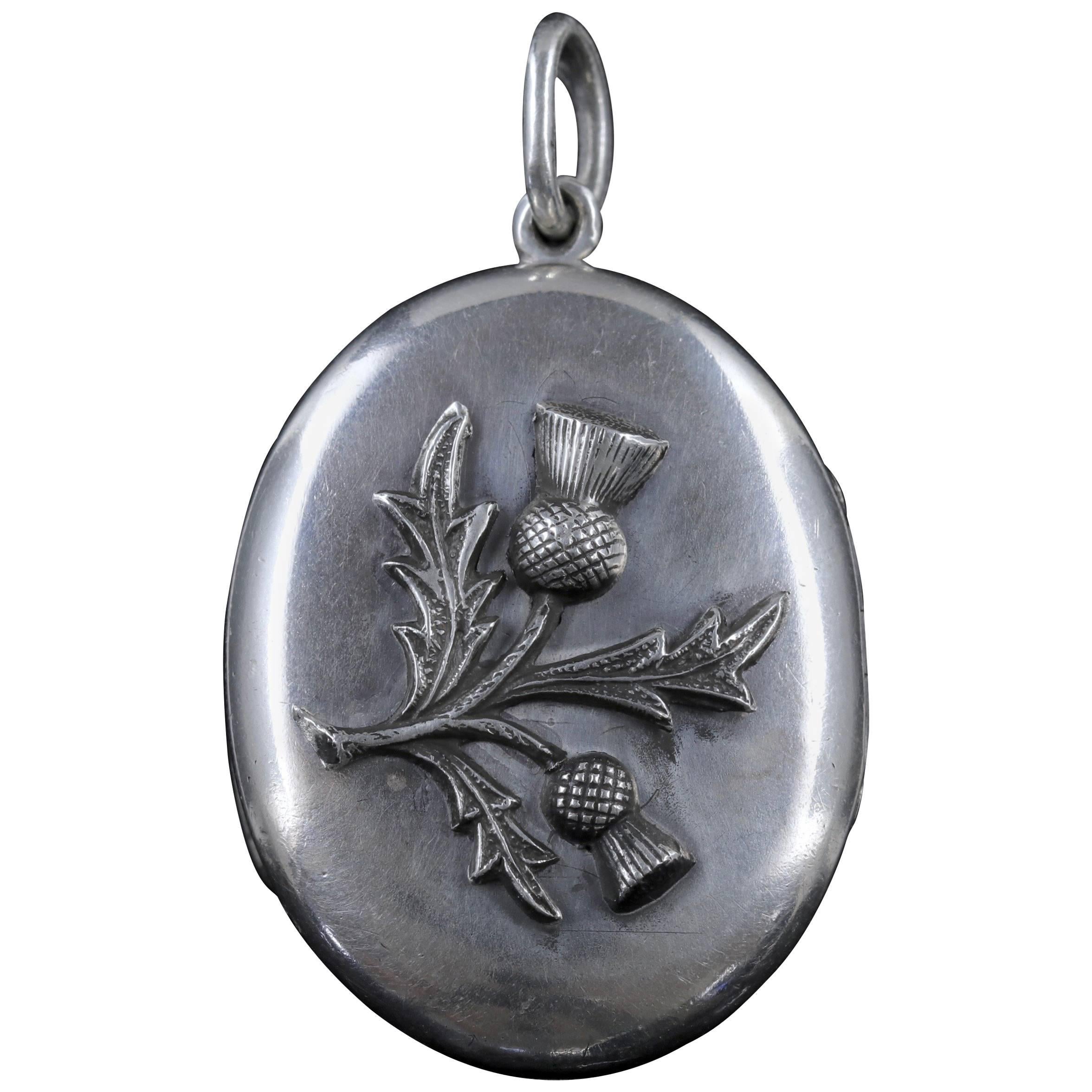 Antique Victorian Scottish Locket Silver Thistle, circa 1880