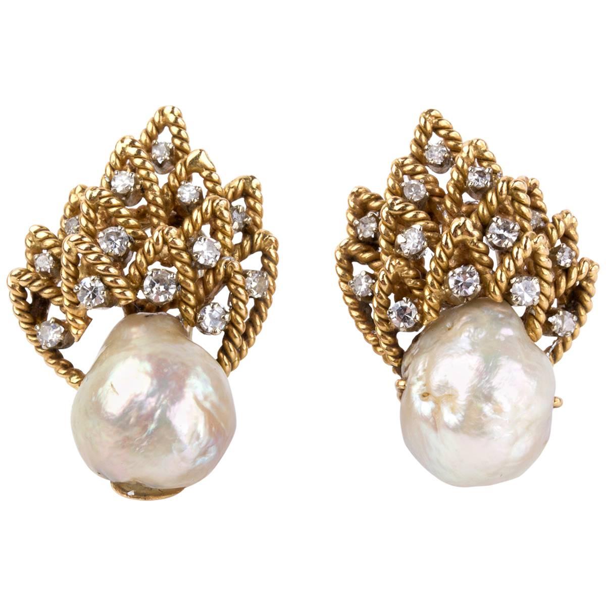 Pair of Pearl and Diamond Earrings For Sale