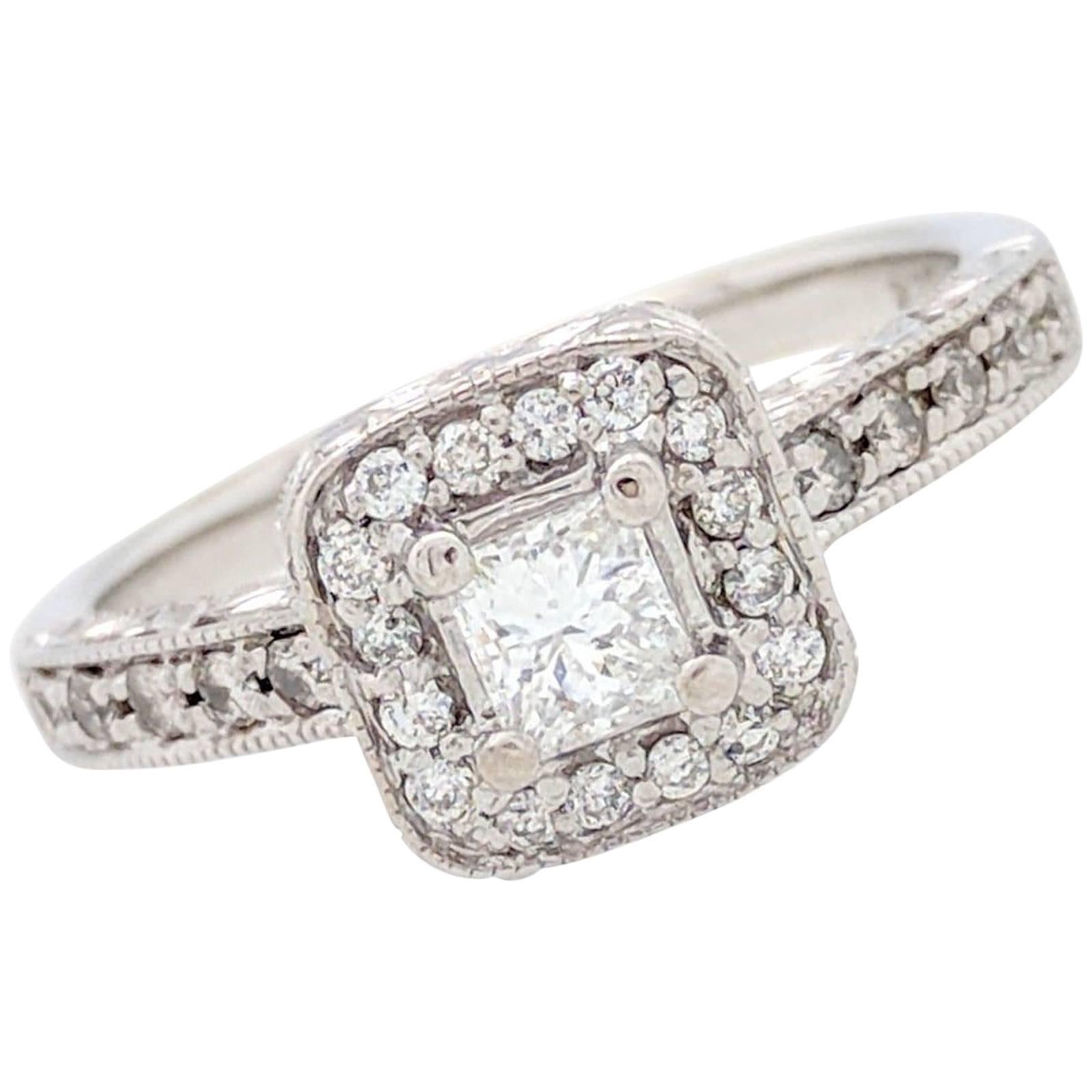 14 Karat White Gold .24 Carat Princess Cut Diamond Halo Engagement Ring SI2/H