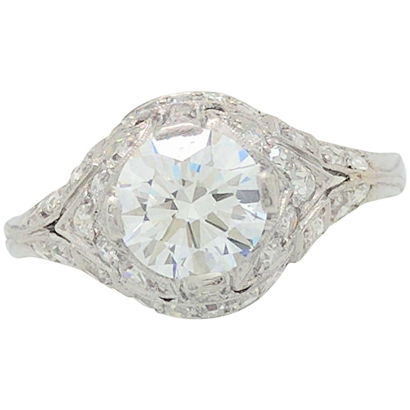 1.18ct Natural Round Brilliant Cut Platinum Diamond Estate Engagement Ring SI2/H