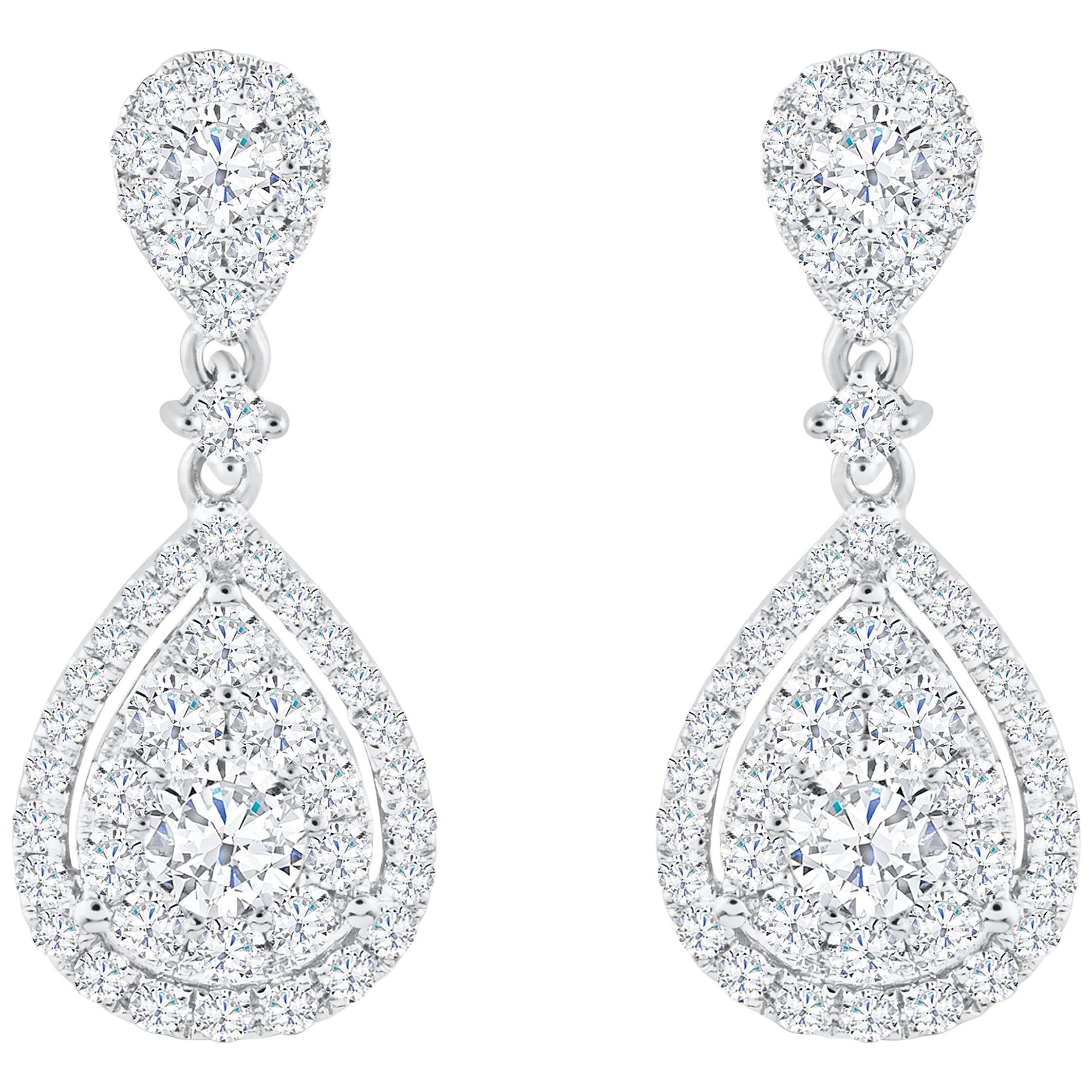 1.97 Carats Total Round Brilliant Diamond Pear Shaped Illusion Dangle Earrings