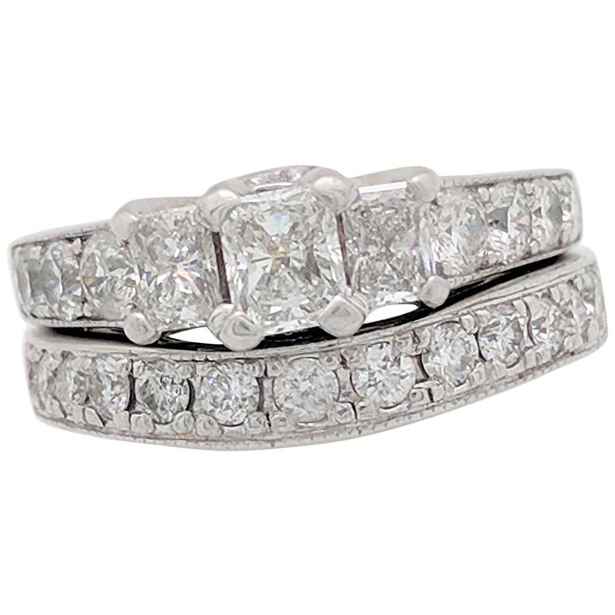 14 Karat White Gold Radiant Cut Three-Stone 2.15 Carat Diamond Engagement Ring For Sale
