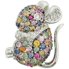 18 Karat Diamond and Multicolored Sapphire "Mouse" Brooch