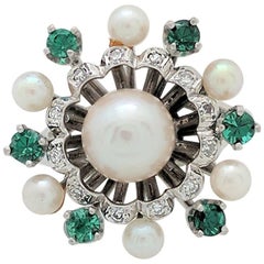 Retro 14 Karat White Gold Pearl, Green Tourmaline and Diamond Ring