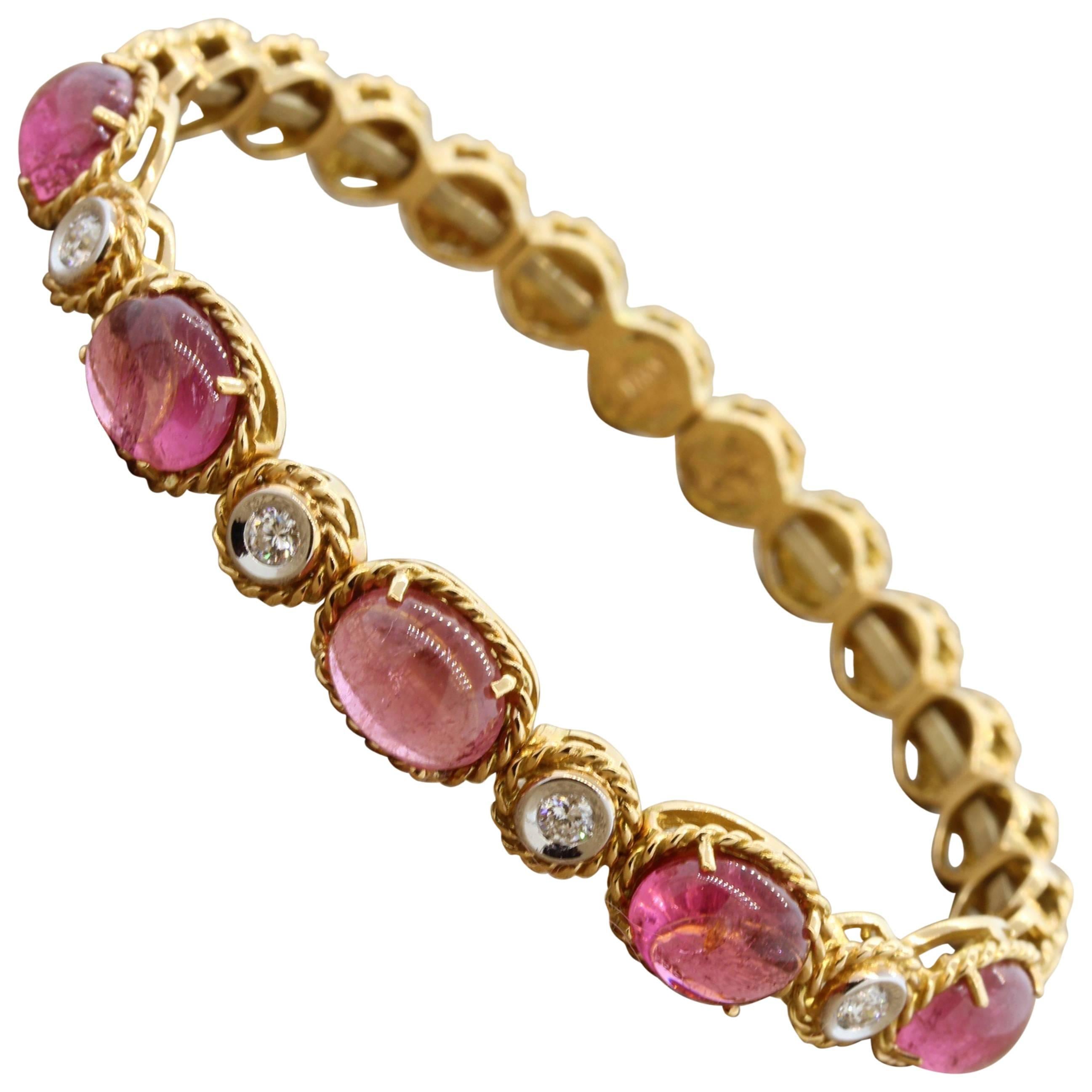 Italian Pink Tourmaline Diamond Gold Stretch Cuff Bracelet
