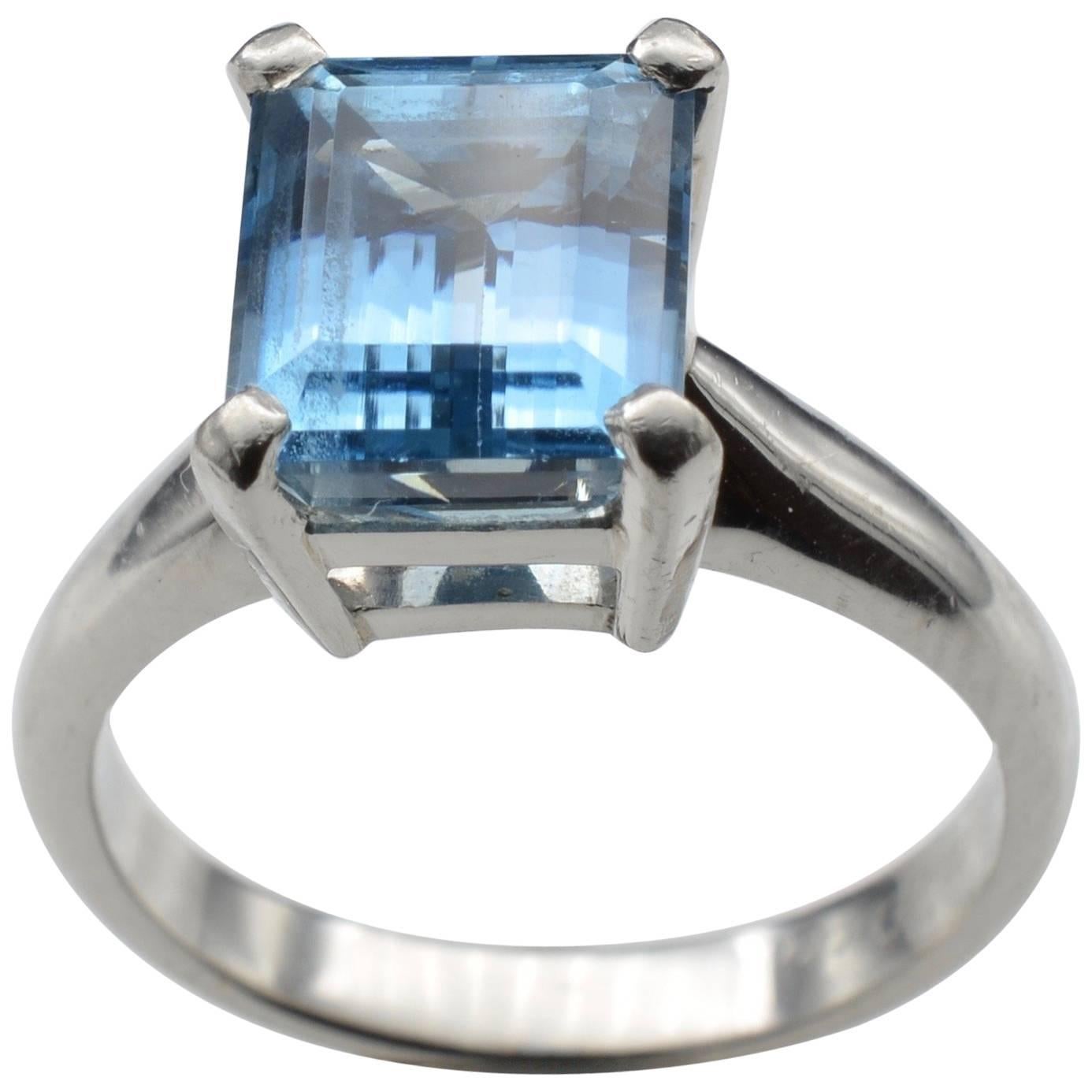 Deep Blue Aquamarine Solitaire Emerald Cut Platinum Ring