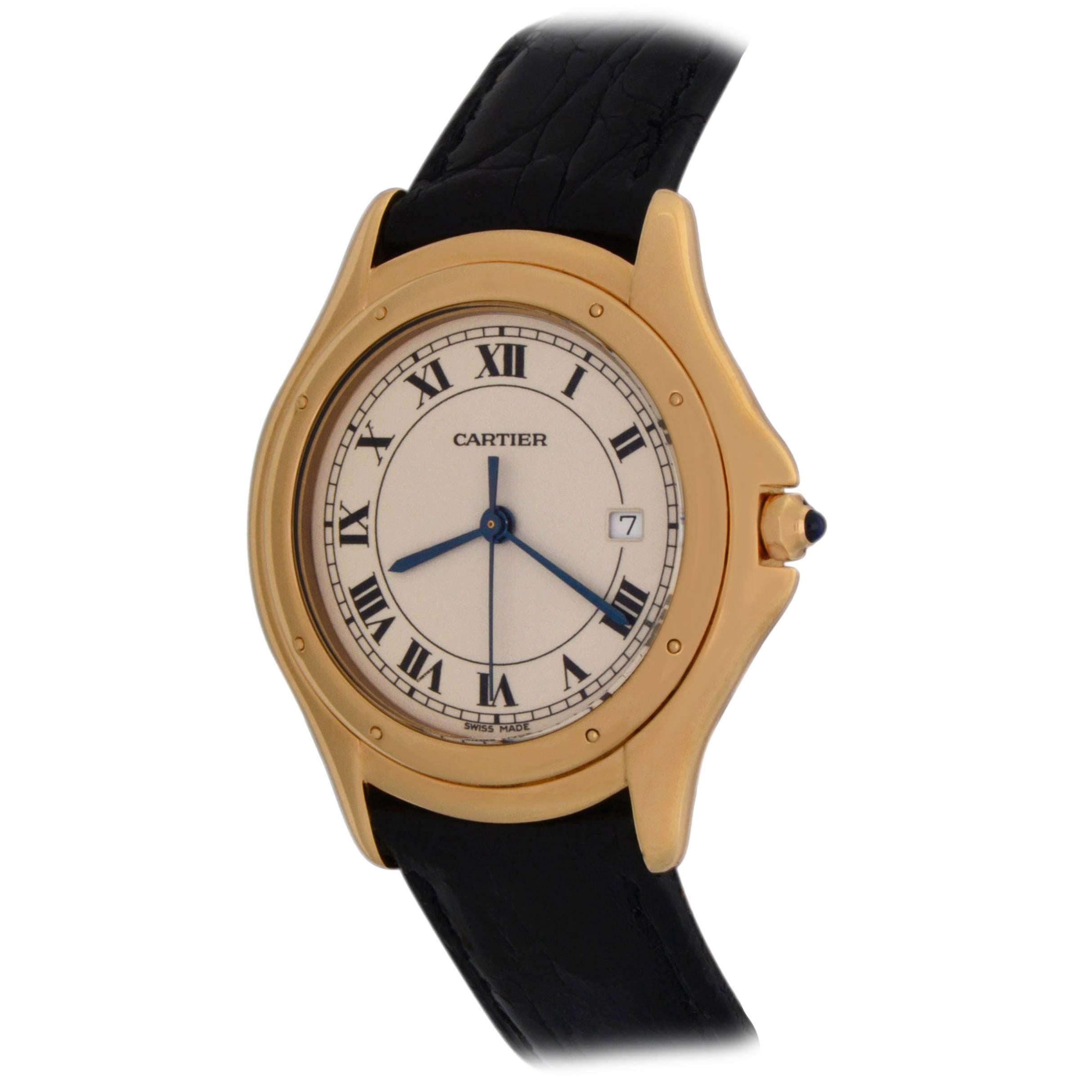 Cartier Mens Yellow Gold Cougar Quartz Wristwatch For Sale