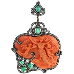 Gorgeous Carved Coral Pendant with Diamond and Emeralds