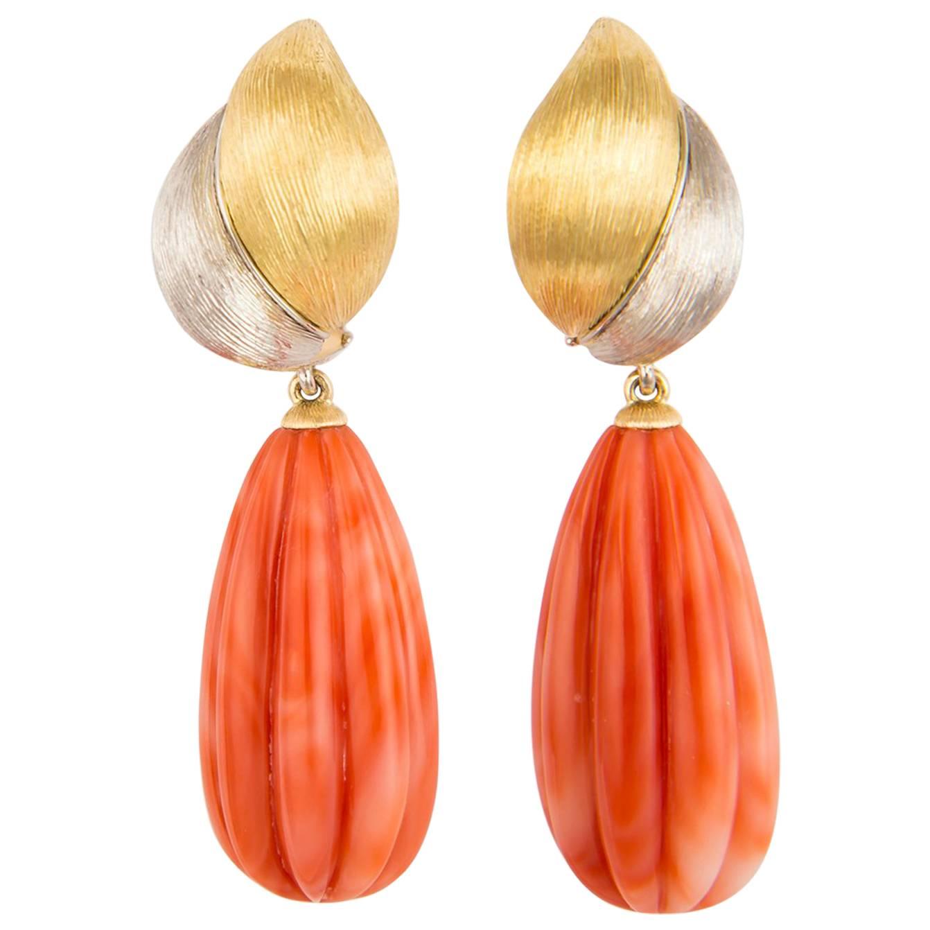 Henry Dunay Gold Platinum and Coral Drop Earrings