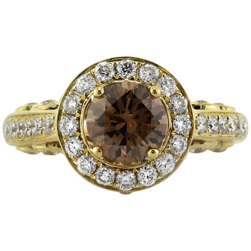 Mark Broumand, bague de fiançailles en diamant brun fantaisie taille brillant rond de 2,28 carats en vente