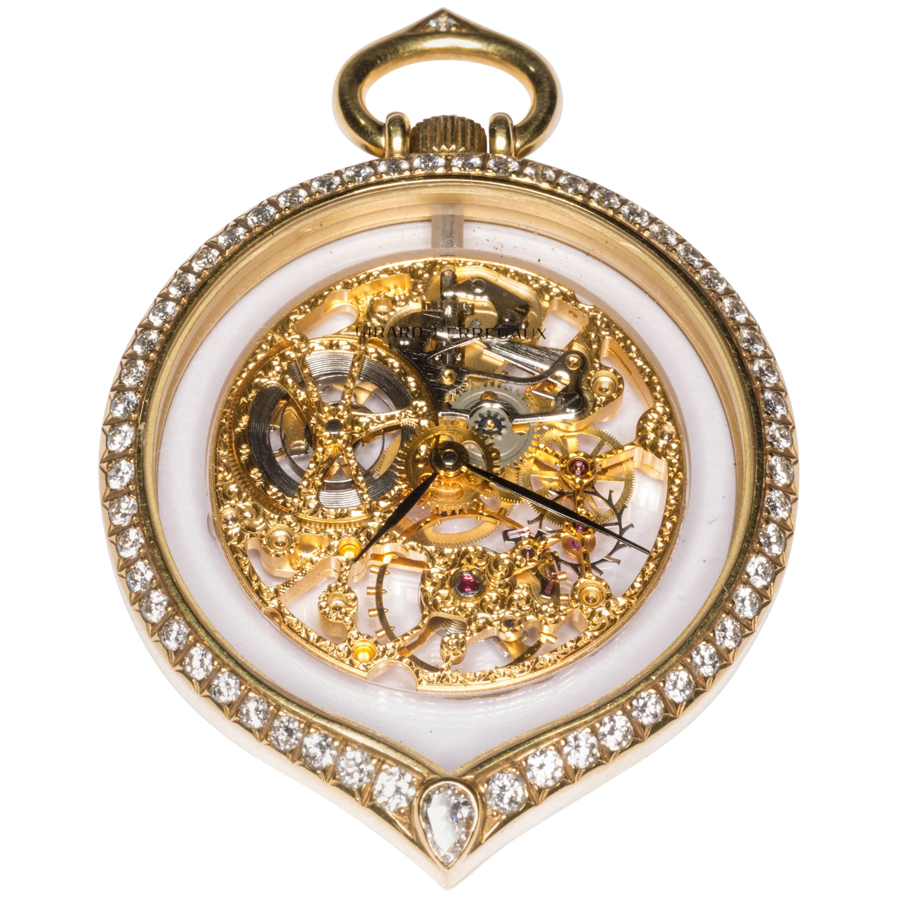 Girard Perregaux Diamond Gold Tear Drop Shape See through Pocket Watch Pendant For Sale