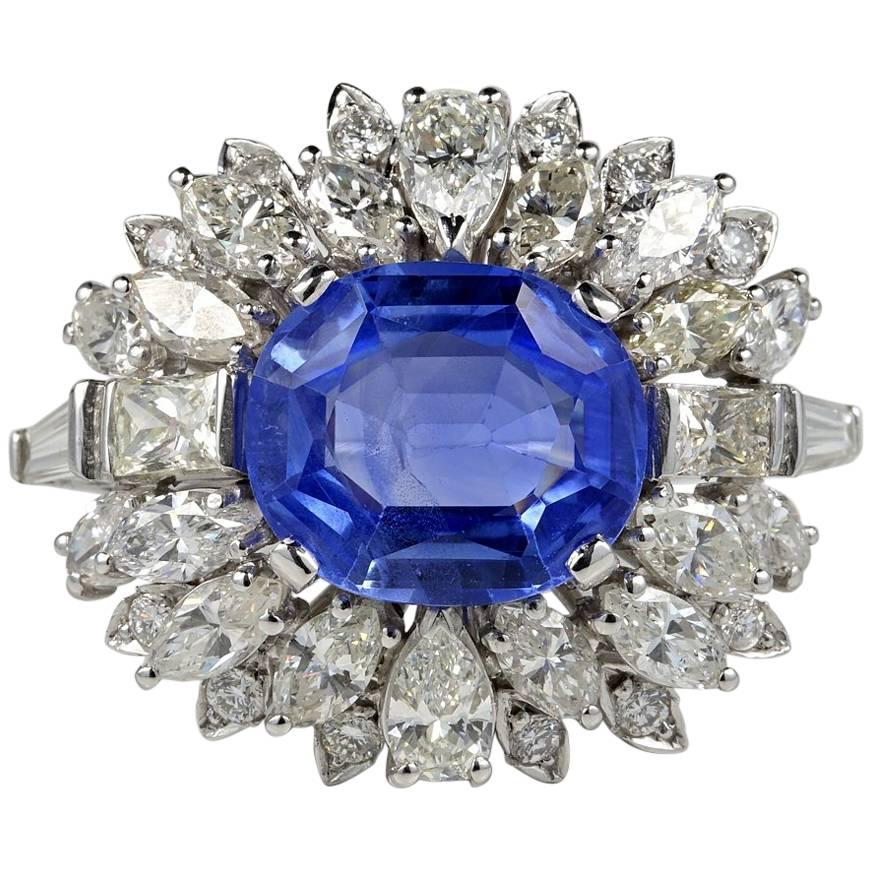 Large Natural No Heat Sapphire Diamond Platinum Cocktail Ring For Sale