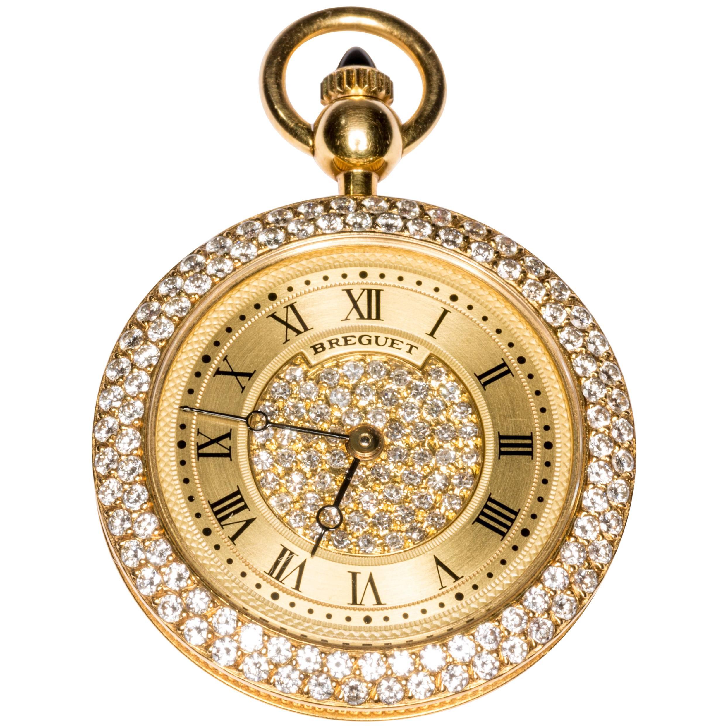 Breguet 18K Yellow Gold Diamond Wind Movement Pocket Pendant Watch For Sale