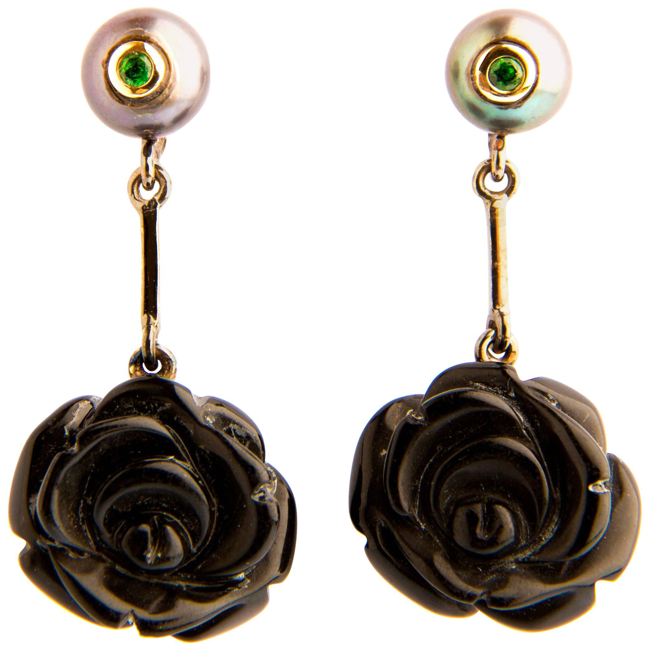 Rose Shaped Onxy Dangle Earrings with Tsavorites and Pearls in 18 Karat Gold For Sale