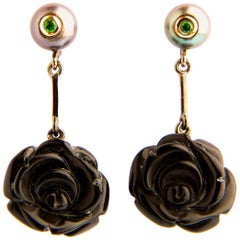 Rose Shaped Onxy Dangle Earrings with Tsavorites and Pearls in 18 Karat Gold