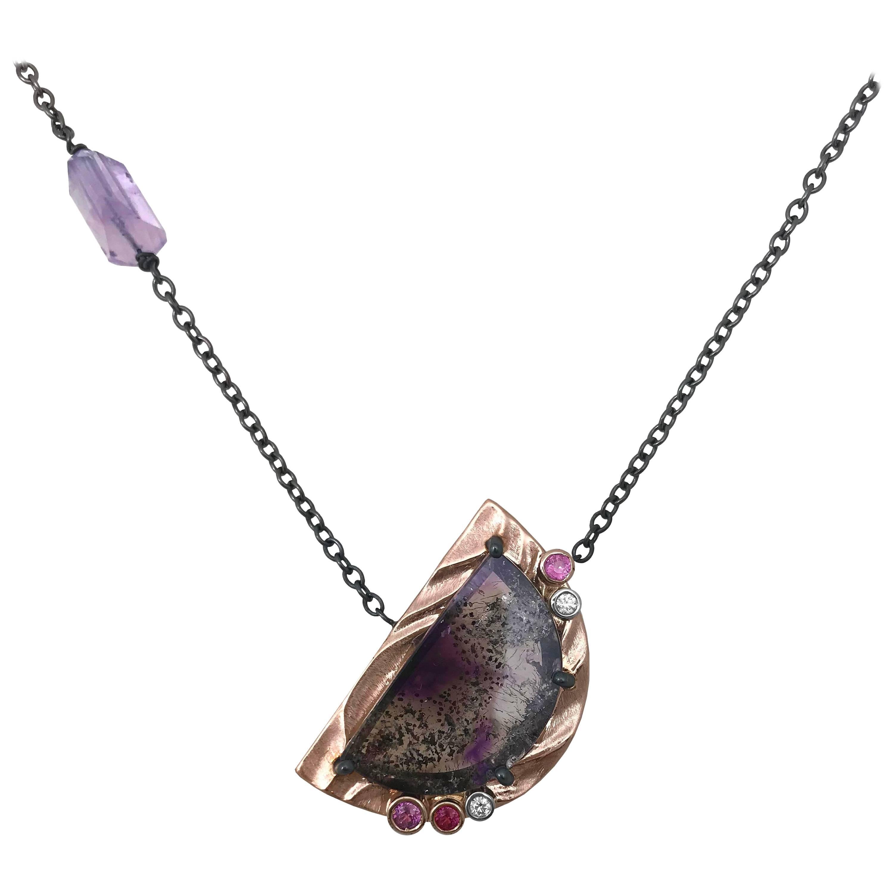 Purple Moon Pendant Featuring a Cacoxenite Amethyst Surrounded by Rose Gold