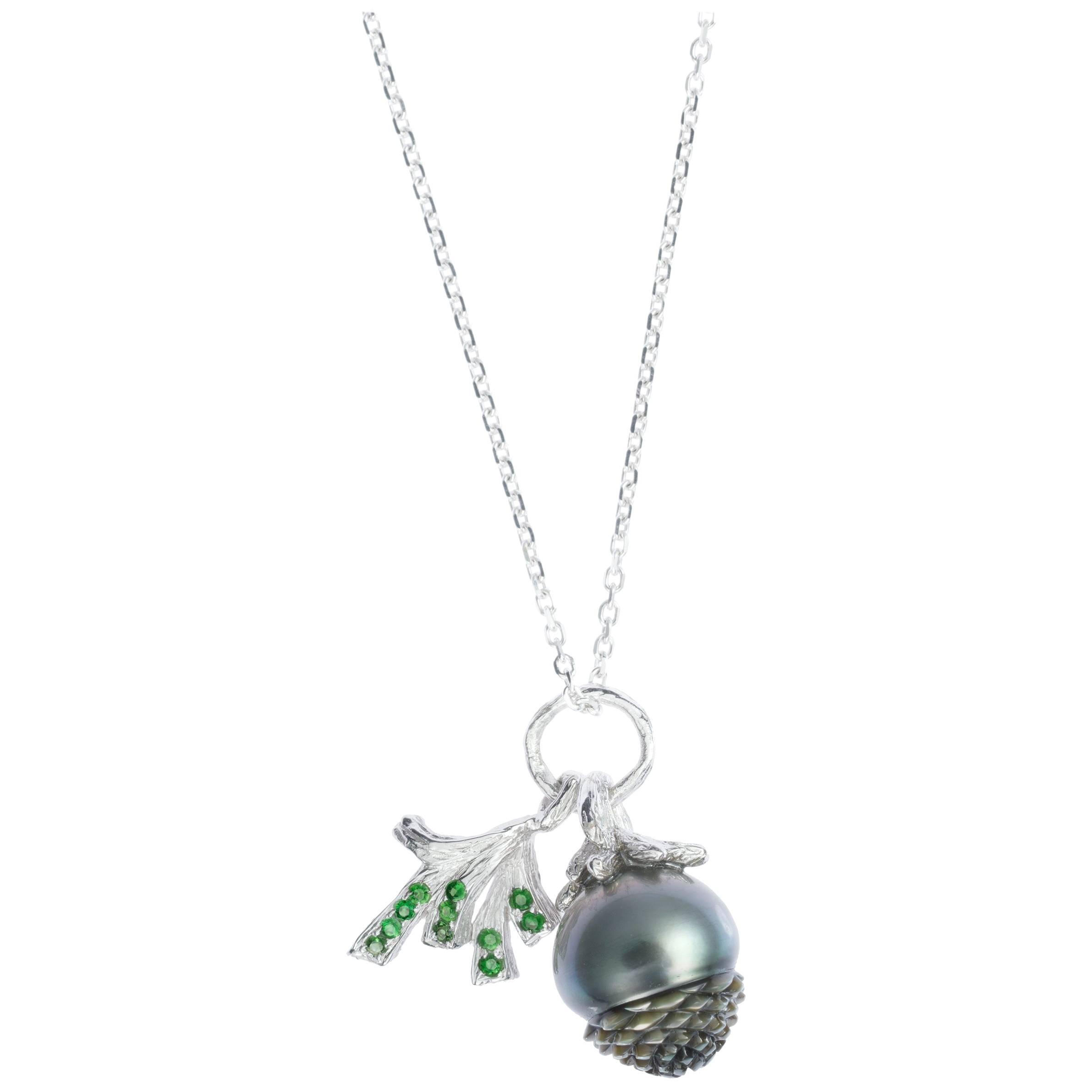 18 Karat White Gold Pinecone Tahitian Pearl and Tsavorite Pendant Necklace For Sale