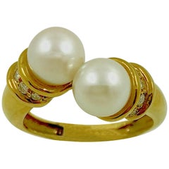 Akoya Pearls Diamonds Gold Bypass Ring