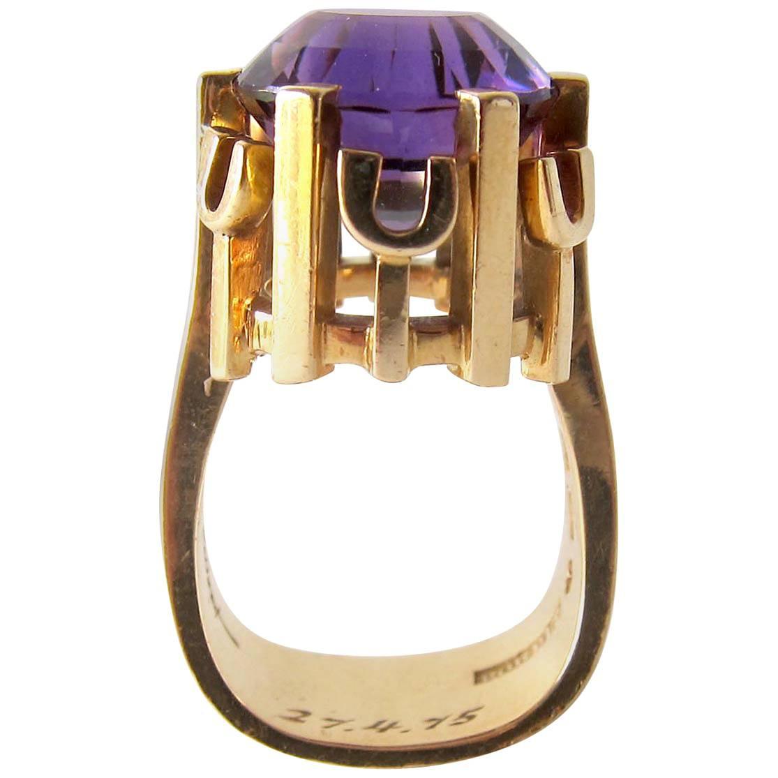 Rare Robbert Gold Amethyst Swedish Modernist Regal Crown Ring