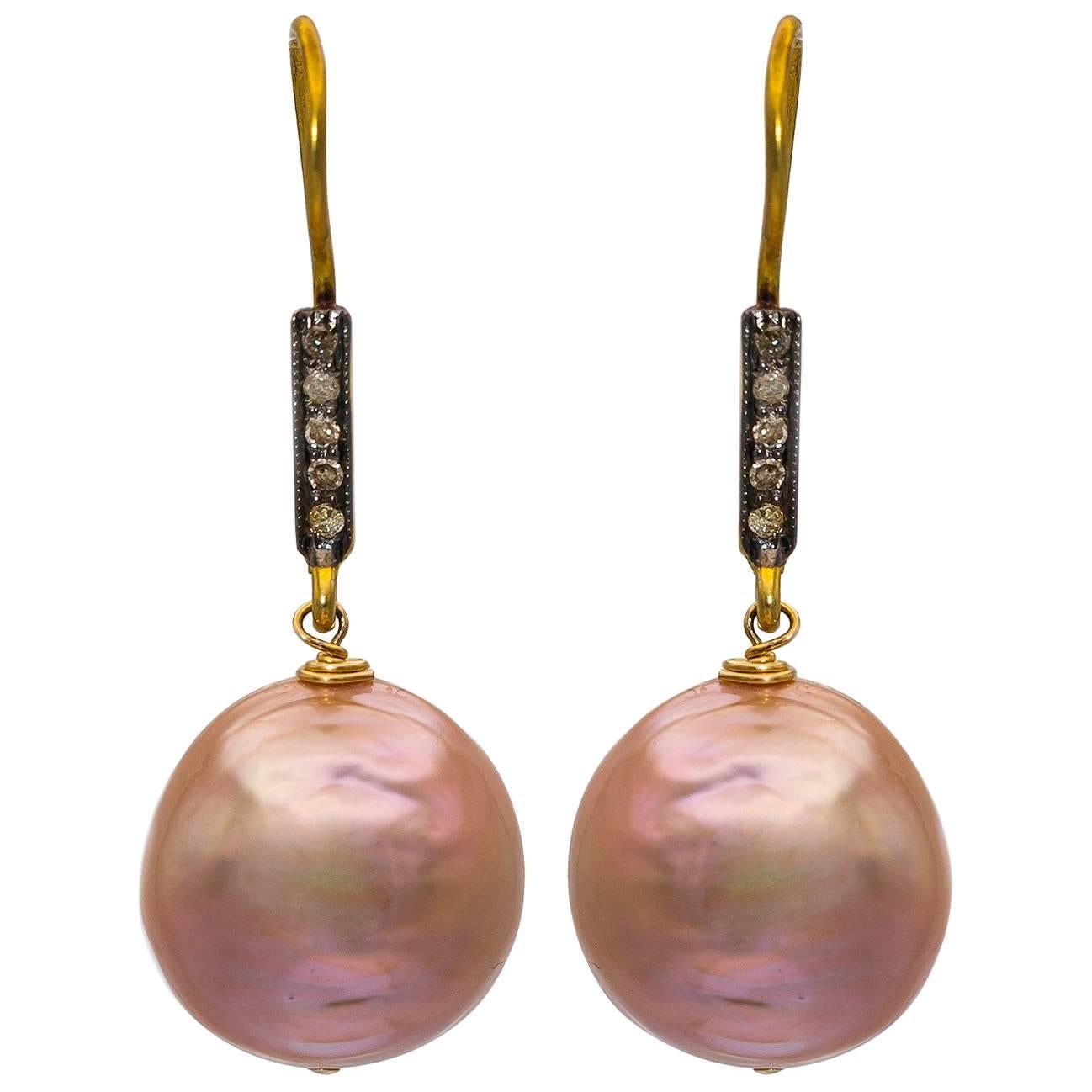 Pink Baroque Pearls on Gold Vermeil and Diamond Wire Earrings