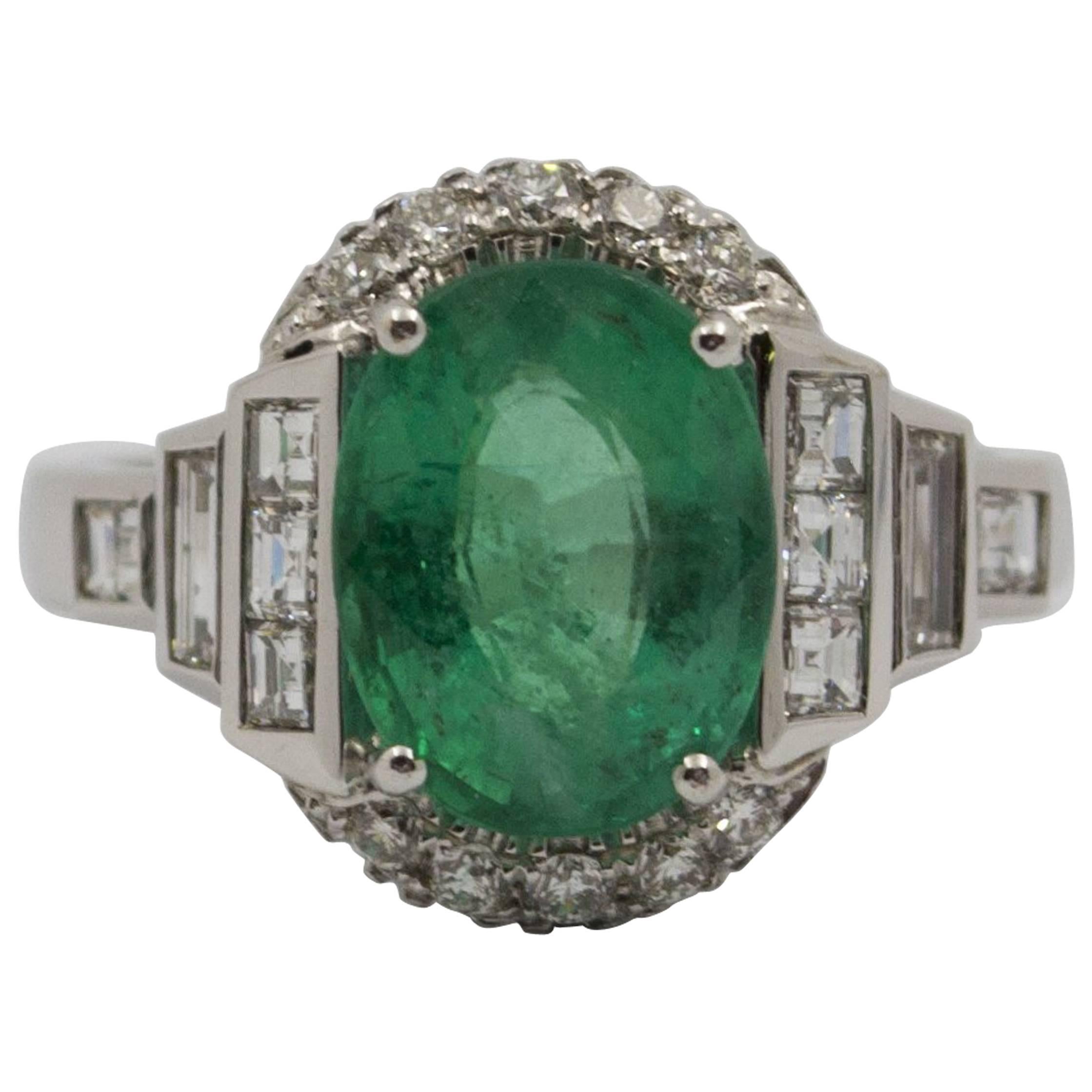 3.30 Carat Emerald 0.90 Carat Diamond White Cocktail Ring
