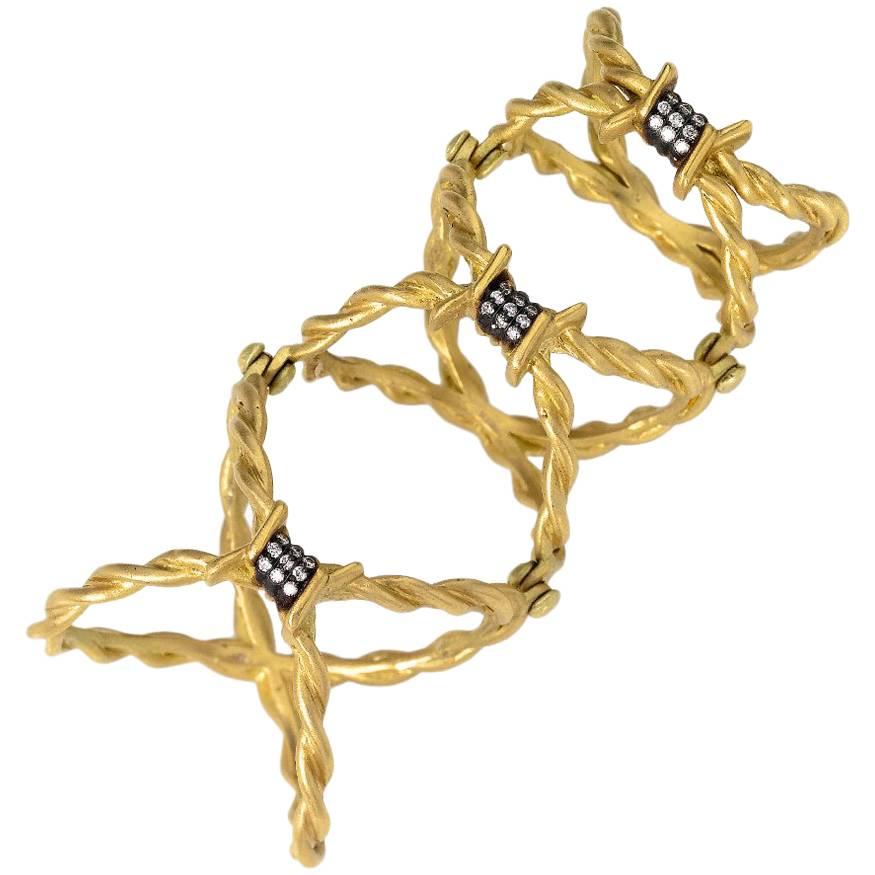 Wendy Brandes Full-Finger Barbed Wire Ring in 18K Yellow Gold, Diamond Accents