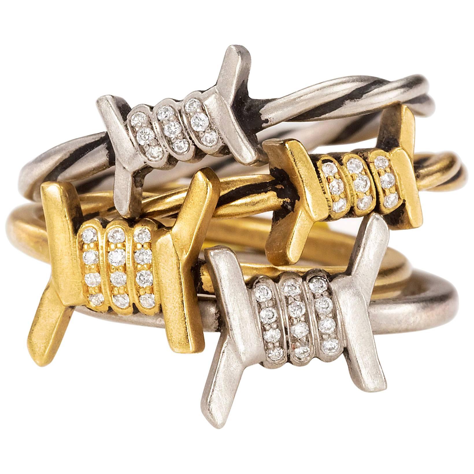 Wendy Brandes 4-Piece Barbed Wire Ring Stack With Diamond, Gold, & Platinum Ring