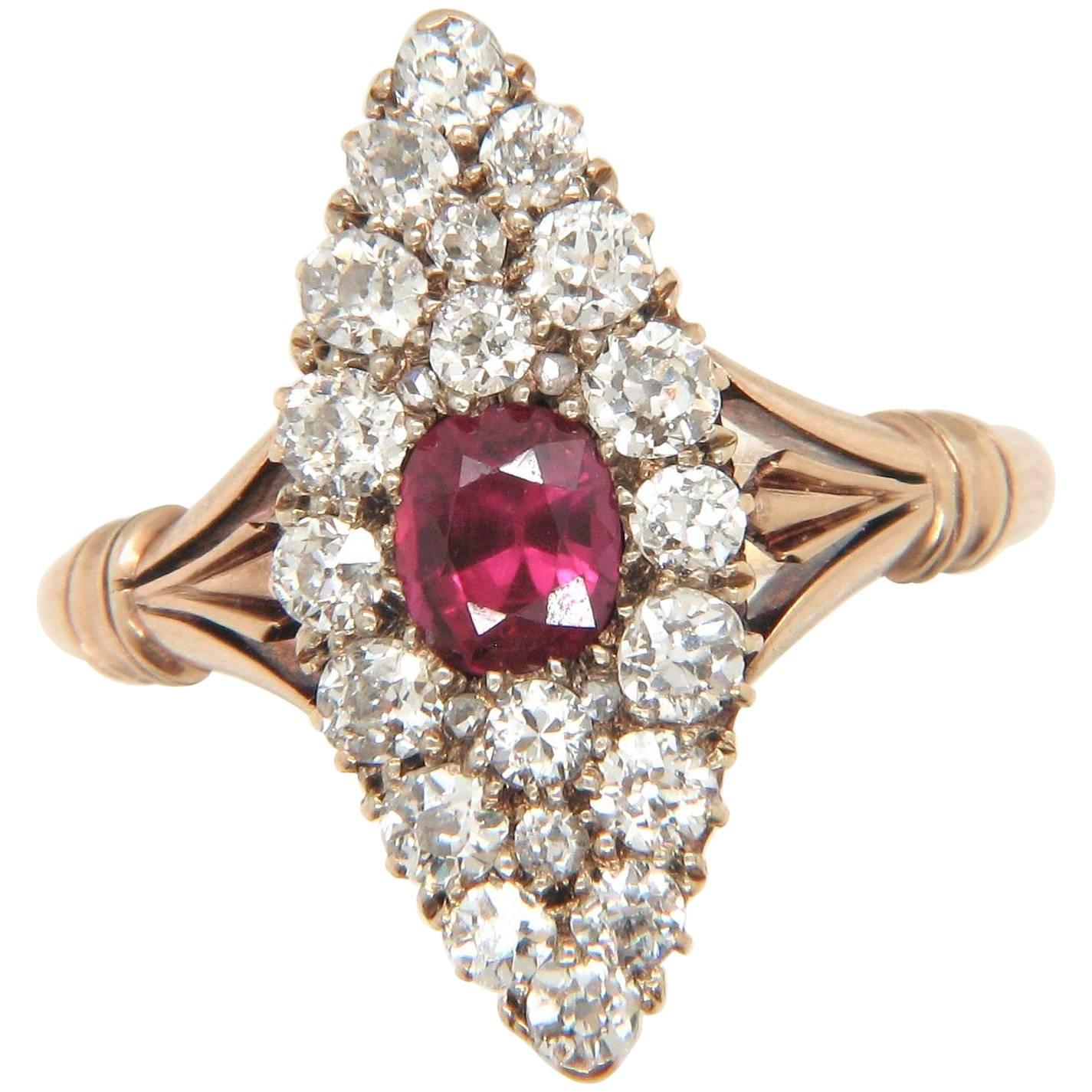 18 Carat Gold Antique Ruby and Diamond Navette Marquise Ring For Sale