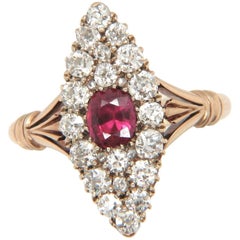 18 Carat Gold Antique Ruby and Diamond Navette Marquise Ring