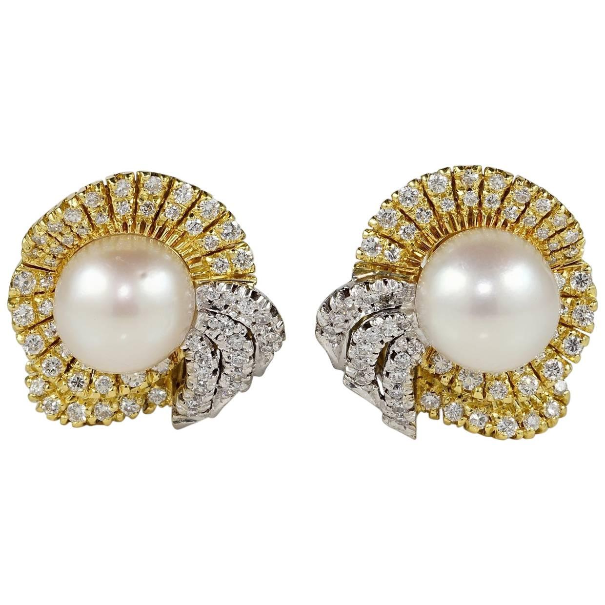 Midcentury South Sea Pearl Diamond Bow Earrings For Sale