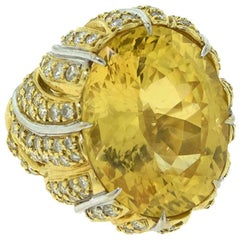 34.45 Carat Large Yellow Sapphire and Diamond 18 Karat Yellow Gold Cocktail Ring