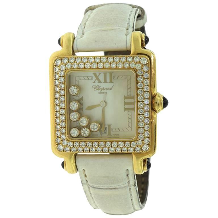 Chopard Happy Sport Seven Floating Diamond Yellow Gold Square Watch 27/6679 For Sale