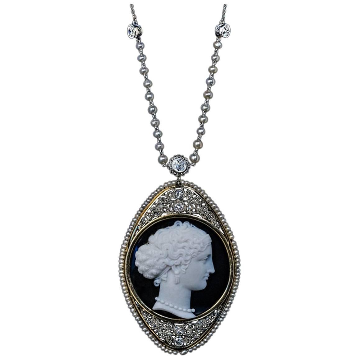 Antique Onyx Cameo Diamond Pearl Necklace