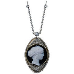 Antike antike Onyx-Perlenkette mit Kamee-Diamant-Perlen