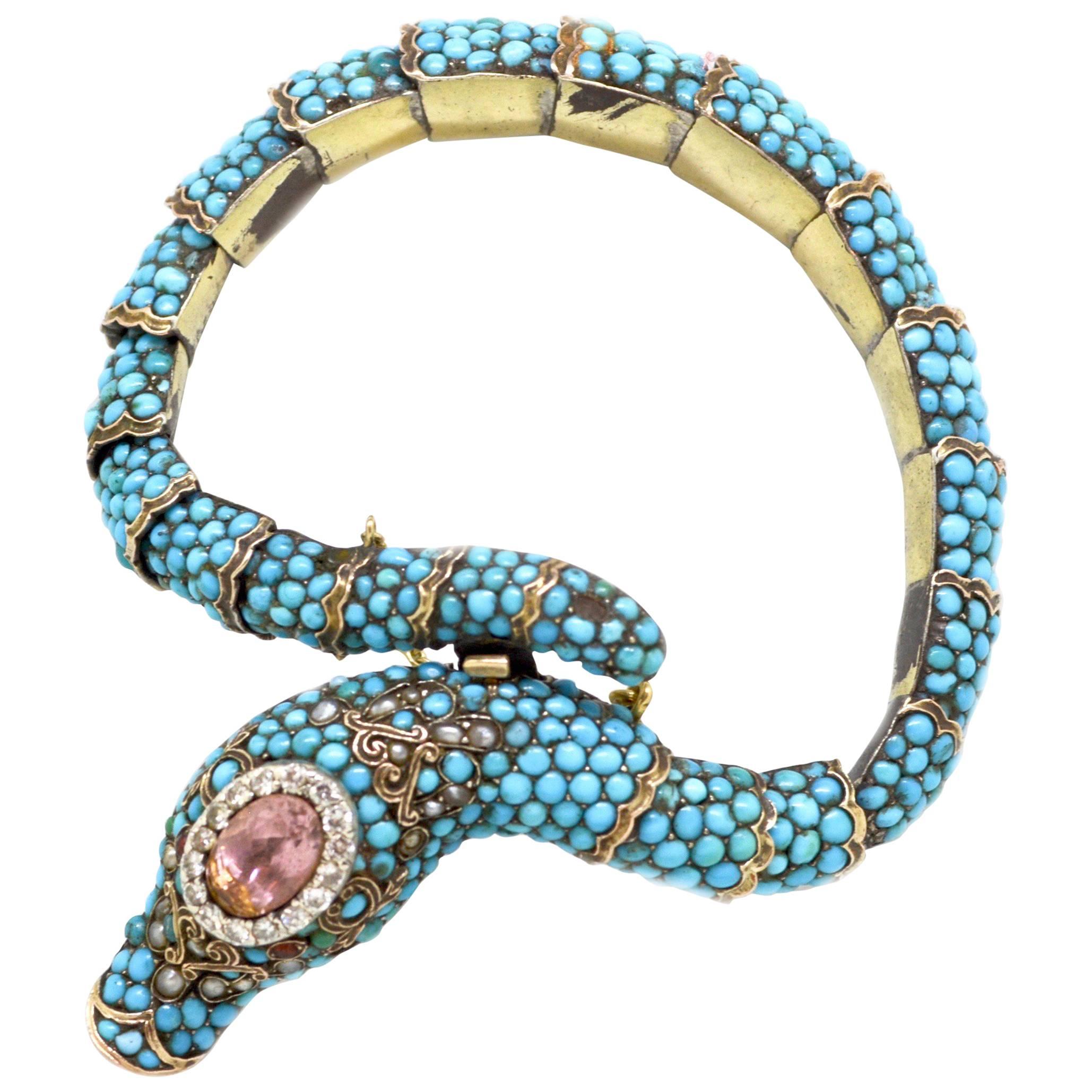 Persian Turquoise and Diamond Antique Snake Bracelet For Sale