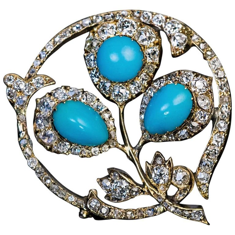 Antique Russian Turquoise Diamond Gold Brooch