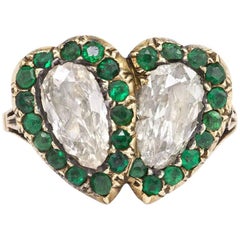 Antique Early 19th Century Diamond and Emerald Double Heart Ring