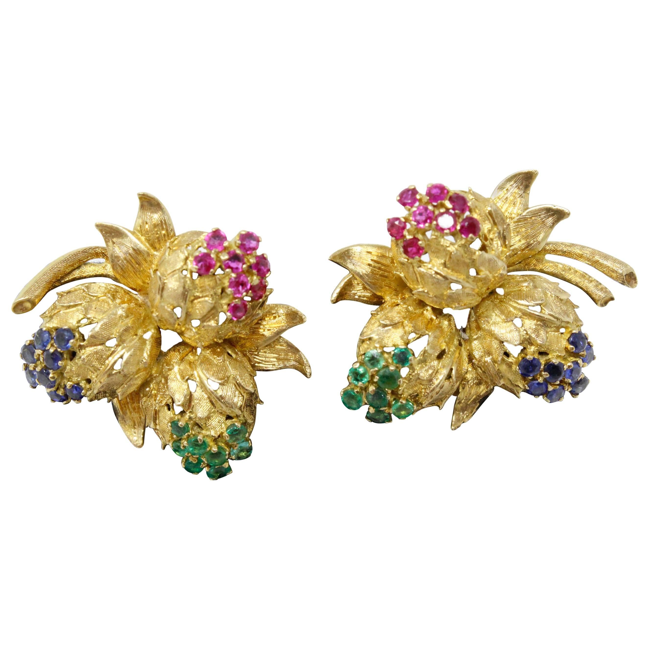 Floral Earrings Set in 18 Karat Yellow Gold with Sapphires, Rubies and Emeralds For Sale