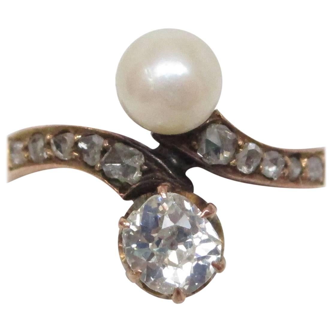 Victorian Mine Cut Diamond Pearl Bypass Yellow Gold Engagement Ring