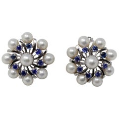 14 Karat White Gold Earrings with Pearls and Sapphires