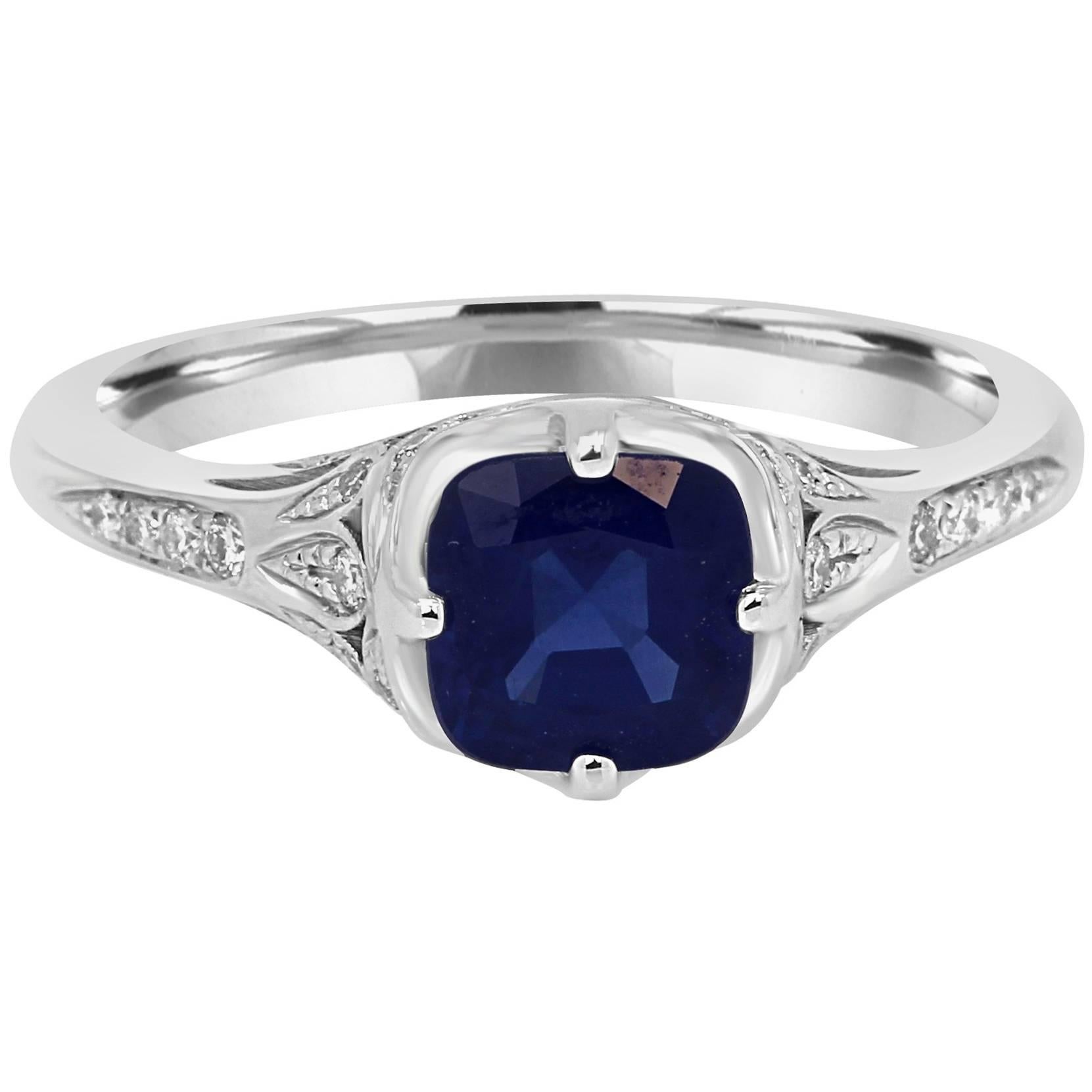 Blue Sapphire Cushion White Diamond Gold Bridal Engagement Art Deco Style Ring