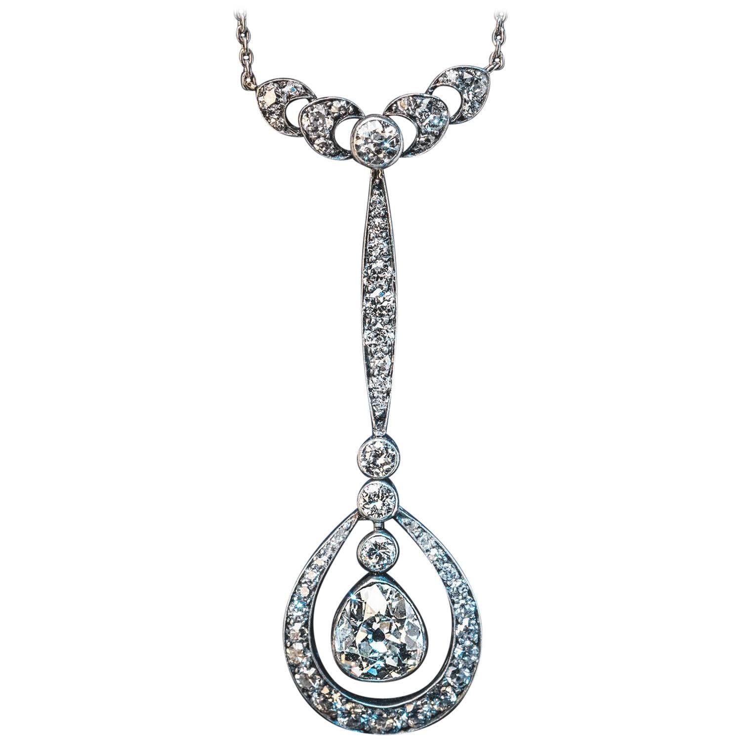 Antique Edwardian Drop Shaped Diamond Necklace For Sale