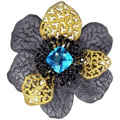 Blue Topaz Spinel Sterling Silver Gold Textured Brooch Pendant One of a Kind