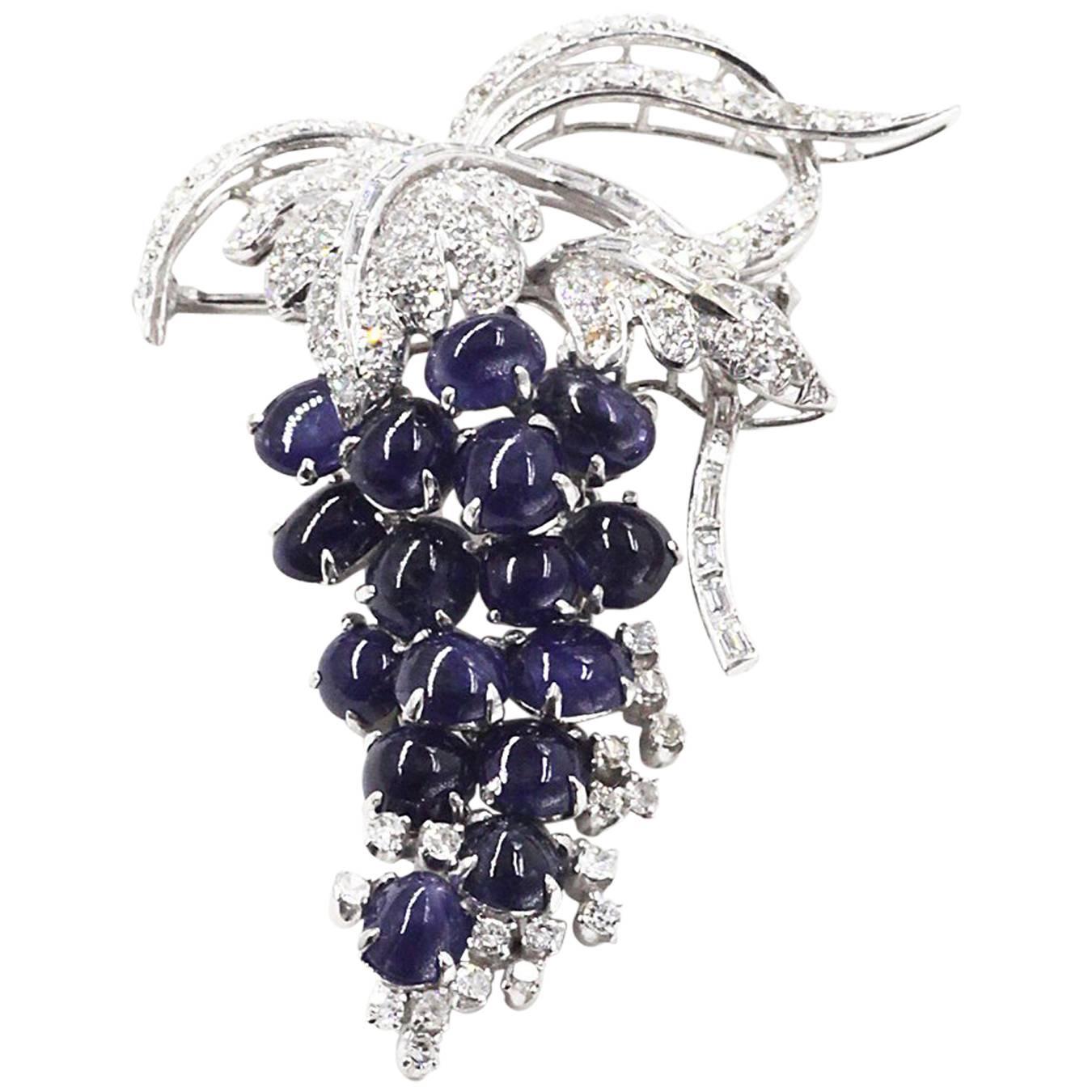 14 Karat White Gold Diamond and Sapphire Grape Inspired Brooch For Sale