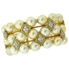 Three-Row Cultured Pearl Diamond Floret 18 Karat Yellow Gold Bracelet Cuff