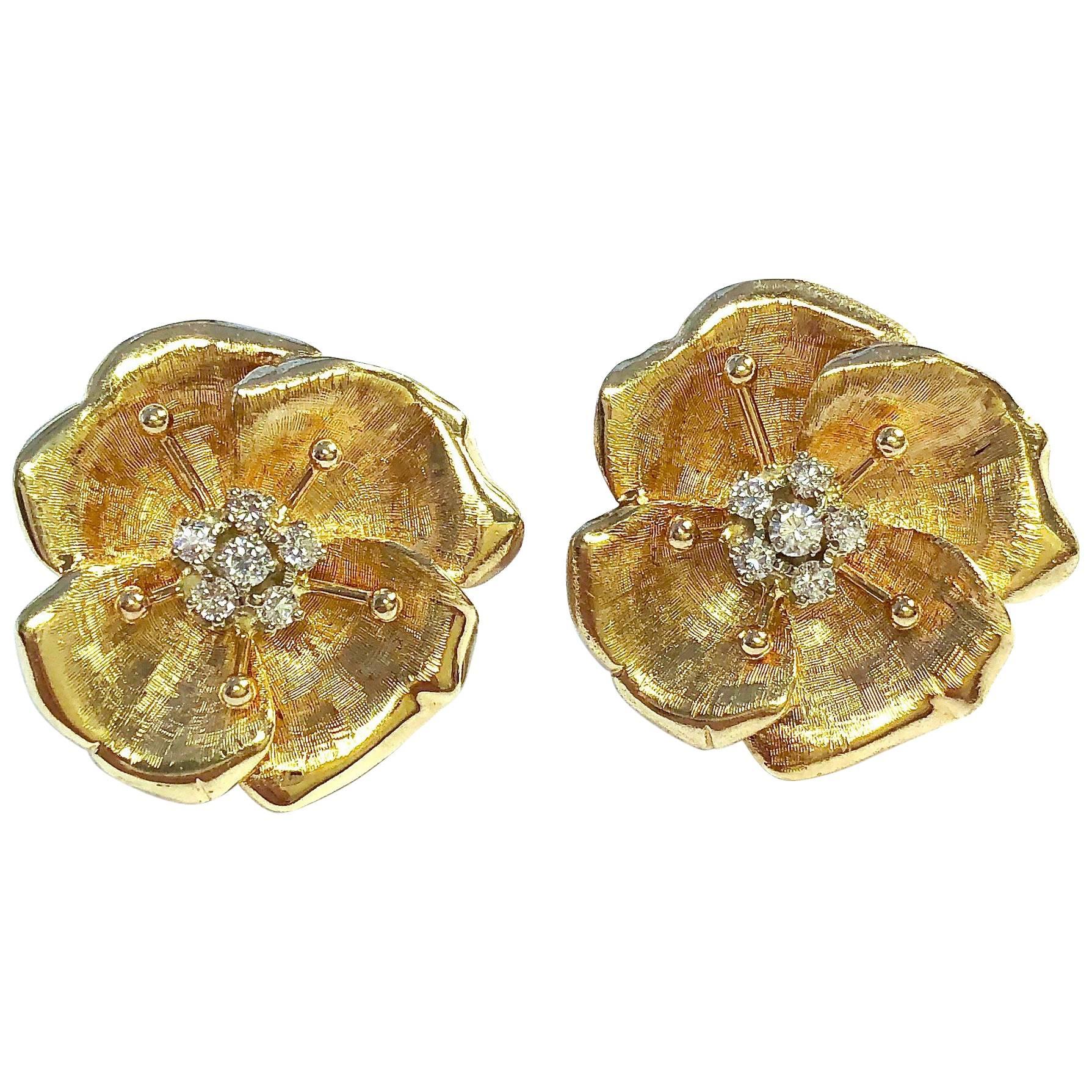 Vintage Diamond and Gold Dogwood Flower Earrings