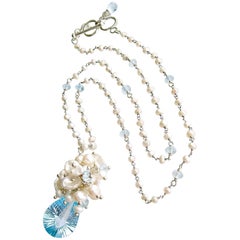 Fancy Cut Blue Topaz Seed Pearl Cluster Pendant Necklace